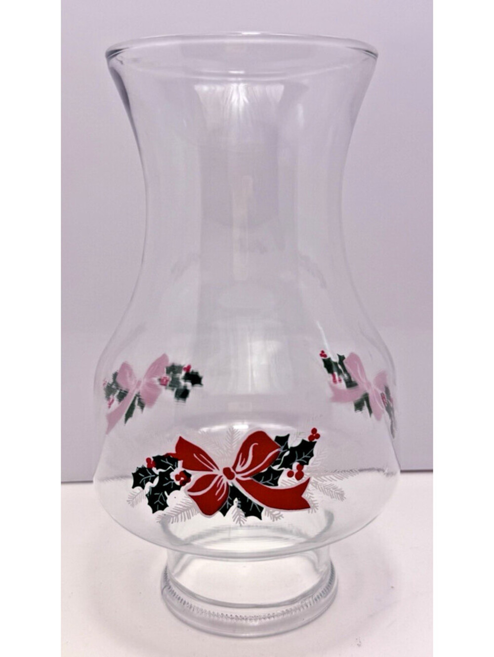 Vtg Clear Glass Christmas Hurricane Oil Lamp Globe Replacement Red Bow Holly